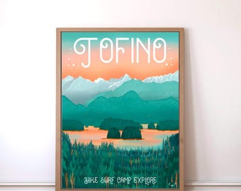 Tofino travel poster, Tofino print, surf art, Vancouver Island wall art, home decor, van lifestyle art