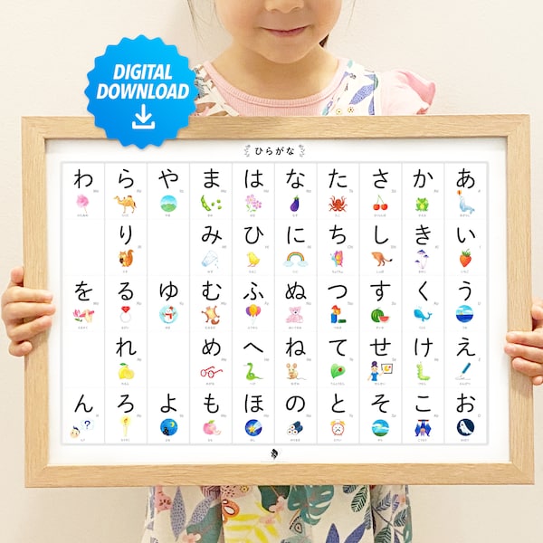 Japanese Hiragana chart poster, Japanese alphabet, Homeschool printable, watercolor illustration, ひらがな表, あいうえお表