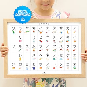 カタカナ表ポスター、日本語のアルファベット、ホームスクール印刷可能、水彩イラスト、ひらがな表、あいうえお表