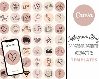 May include: Instagram Story highlight cover templates. The image features a collection of circular icons in beige and pink, with hand-drawn illustrations. A smartphone displays a highlight cover with a heart. The word "Canva" is also visible.
