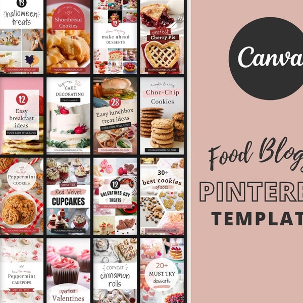 Modèles d’épingles Pinterest de blogueur alimentaire, modèles Canva, modèles Pinterest pour Canva, épingles Pinterest gourmandes, modèles Blogger