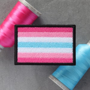 Puede incluir: Un parche de bandera del orgullo transgénero con cinco franjas horizontales en tonos de rosa, azul claro, blanco, azul claro y rosa. El parche está bordado con un borde negro.