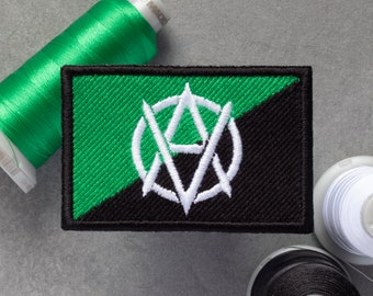 Anarchist (Veganarchism) Flag Embroidered Patch | Green Vegan Anarchy | Hook and Loop, Iron-on & Sew-on Patches