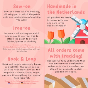 A graphic explaining the different backing options: Sew-on, iron-on and hook and loop.

All orders come with tracking by default so you can keep track of its journey.

Handmade in the Netherlands.
