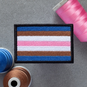 May include: A brown, pink, white, and blue striped embroidered patch with a black border. The patch is a representation of the transgender pride flag.