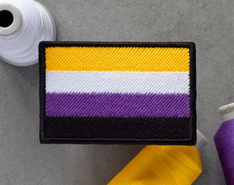 Non-Binary Flag Embroidered Patch | LGBT Enby Nonbinary | Hook and Loop, Iron-on & Sew-on Patches