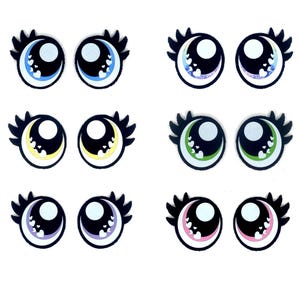 May include: Set of six pairs of cartoon eyes with eyelashes and hearts. The eyes are black with white pupils and different colored accents around the pupils. The colors are blue, yellow, purple, green, and pink.