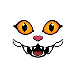 May include: A white cat face with orange eyes, a pink nose, and a black mouth with sharp teeth. The cat face is a cartoon illustration, perfect for Halloween or a spooky theme.