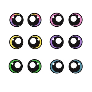 May include: A collection of twelve cartoon eye designs. Each eye is black with a white highlight and a colored iris. The irises are outlined in rainbow, pink, yellow, purple, green, and blue.