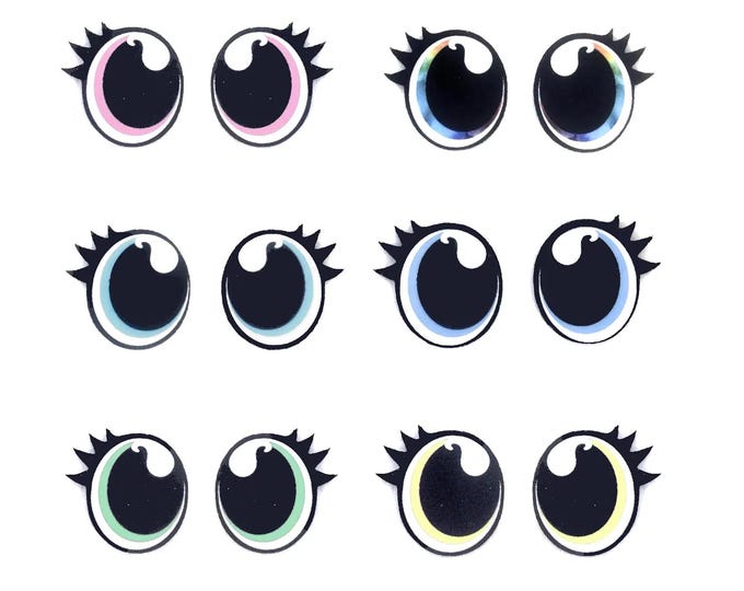 6 Pack, 3 Pack or Bulk Felt Eyes with Lashes for Amigurumi, Rainbow, Crochet, Knit, Plushie, Oval, Glitter, Kawaii