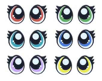 May include: Set of 12 colorful cartoon eyes with black pupils and white highlights. The eyes are in pairs of red, green, blue, purple, and yellow.