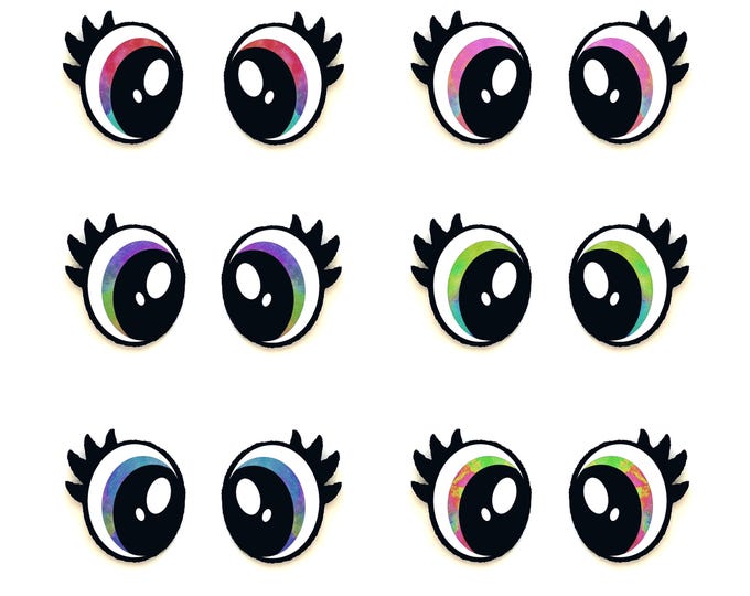 6 Pack, 3 Pack or Bulk Felt Eyes with Lashes for Amigurumi, Rainbow, Crochet, Knit, Oval, Plushie, Glitter, Kawaii