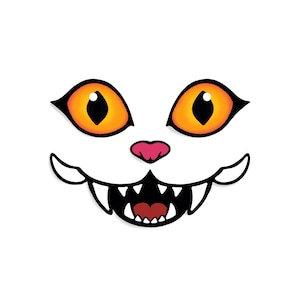 May include: A white cat face with orange eyes, a pink nose, and a black mouth with sharp teeth. The cat face is a cartoon illustration, perfect for Halloween or a spooky theme.