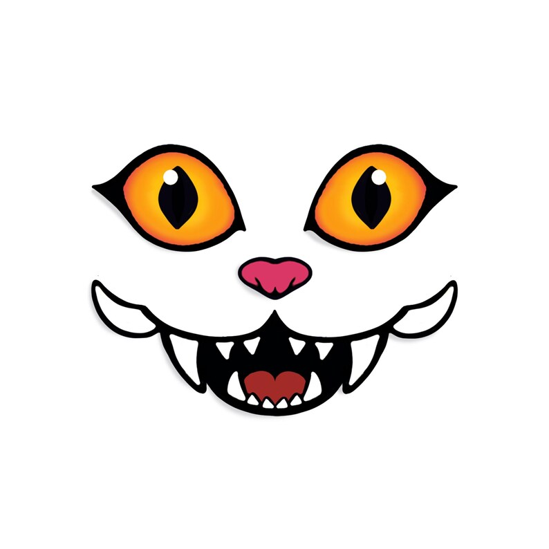 May include: A white cat face with orange eyes, a pink nose, and a black mouth with sharp teeth. The cat face is a cartoon illustration, perfect for Halloween or a spooky theme.