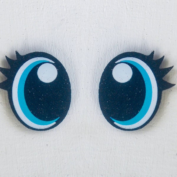 6 Pairs of Dark Teal Glitter Felt Eyes with Eyelashes *Multiple Sizes Available*