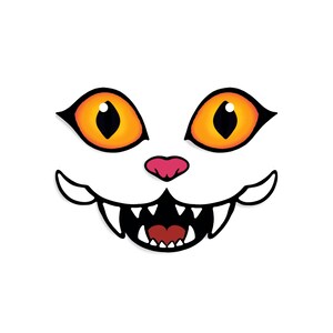 May include: A white cat face with orange eyes, a pink nose, and a black mouth with sharp teeth. The cat face is a cartoon illustration, perfect for Halloween or a spooky theme.