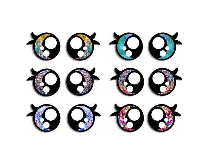 6 Pack, 3 Pack or Bulk Glitter Felt Eyes with Lashes for Amigurumi, Crochet, Knit, Plushie, Round, Rainbow, Kawaii