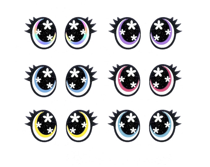 6 Pack, 3 Pack or Bulk Glitter Felt Eyes with Lashes for Amigurumi, Crochet, Knit, Plushie, Oval, Rainbow, Kawaii