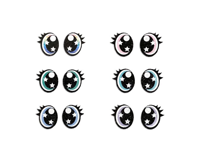 6 Pack, 3 Pack or Bulk Glitter Felt Eyes with Lashes for Amigurumi, Crochet, Knit, Plushie, Rainbow, Oval, Kawaii