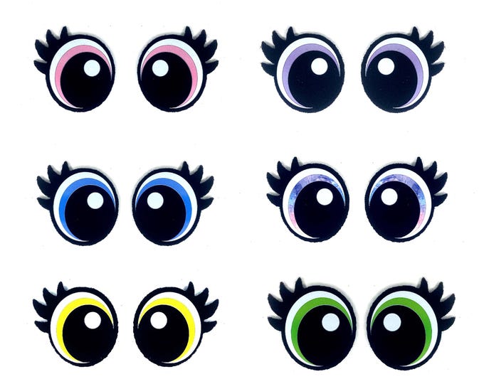 6 Pack, 3 Pack or Bulk Felt Eyes with Lashes for Amigurumi, Rainbow, Crochet, Knit, Oval, Plushie, Glitter, Kawaii