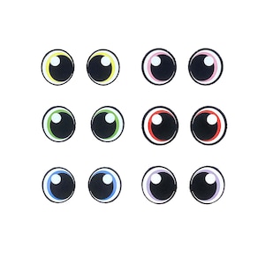 May include: Twelve pairs of plastic googly eyes in various colors, including yellow, green, red, pink, and blue. The eyes are all the same size and have a black pupil.