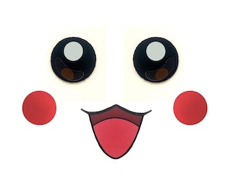 May include: A cartoon face with black eyes, a red mouth, and red cheeks.