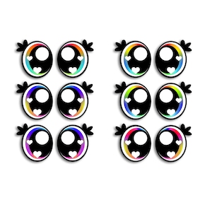 May include: A collection of twelve cartoon eye designs. Each eye features a black pupil, a white highlight, and a rainbow-colored iris. Small white hearts are visible within the iris. The eyes have black, stylized eyelashes.