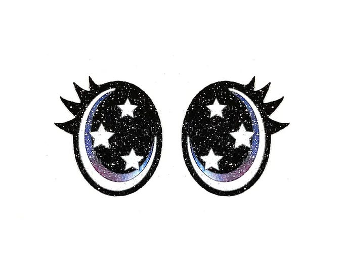 Glitter Felt Eyes with Lashes for Amigurumi, Kawaii Plushie Making, Oval Galaxy Stars (3, 6, 12, 24, 48 Pack)