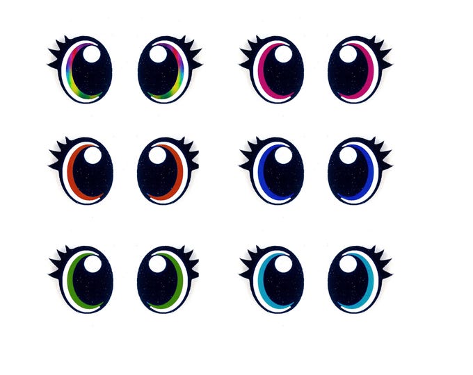 6 Pack, 3 Pack or Bulk Glitter Felt Eyes with Lashes for Amigurumi, Oval, Rainbow, Crochet, Knit, Plushie, Kawaii