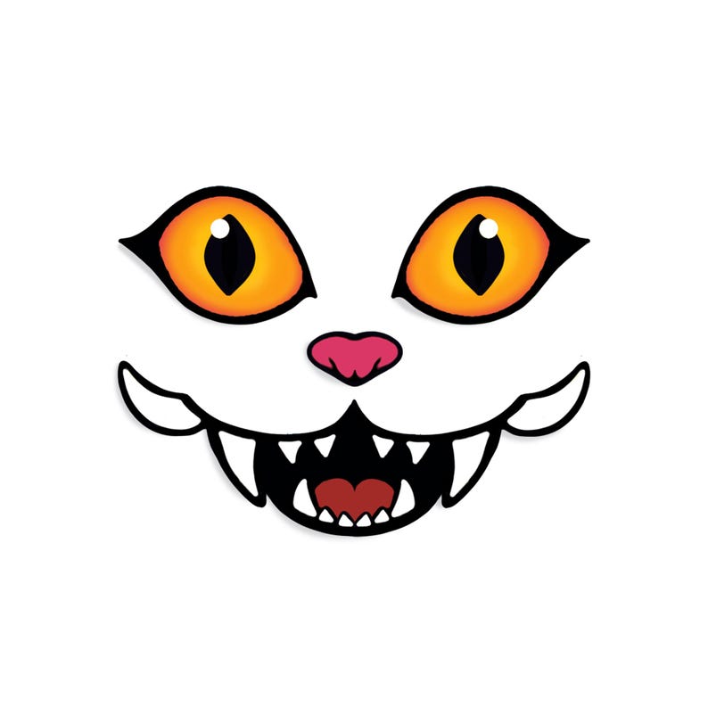 May include: A white cat face with orange eyes, a pink nose, and a black mouth with sharp teeth. The cat face is a cartoon illustration, perfect for Halloween or a spooky theme.