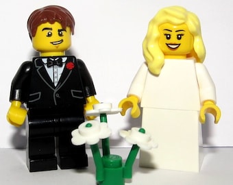 LEGO Bride Blonde Hair Groom Black Suit Black Bow Tie Wedding Minifigure Flowers