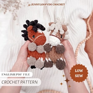 May include: Two plush crochet horse toys featuring soft, textured yarn. One horse is brown with a black mane and white markings, while the other is light brown with a cream mane and white markings. Text reads @JENNYLOOPYDO CROCHET, ENGLISH|PDF FILE, CROCHET PATTERN, and LOW SEW.