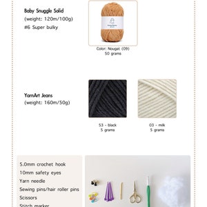 May include: Materials and tools for a crochet project, including yarn in beige, black, and white, a 5.0 mm crochet hook, safety eyes, a yarn needle, sewing pins, scissors, a stitch marker, and fiberfill.