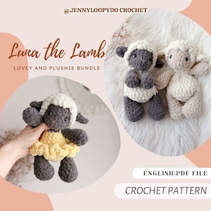 May include: Image of a crochet pattern for a Luna the Lamb lovey and plushie bundle. The image shows three handmade crochet lambs. One lamb is wearing a yellow dress. The other two lambs are grey and white. The text on the image says "Luna the Lamb Lovey and Plushie Bundle".