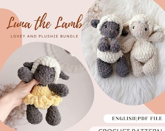 Luna the Lamb No-Sew Lovey and Low-Sew Plushie Bundle Crochet Pattern English PDF