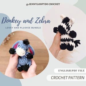 May include: A crochet pattern for a donkey and zebra lovey and plushie bundle by JENNYLOOPYDO CROCHET. The image displays a blue donkey with black hooves and a white muzzle, and a black and white striped zebra with black hooves.