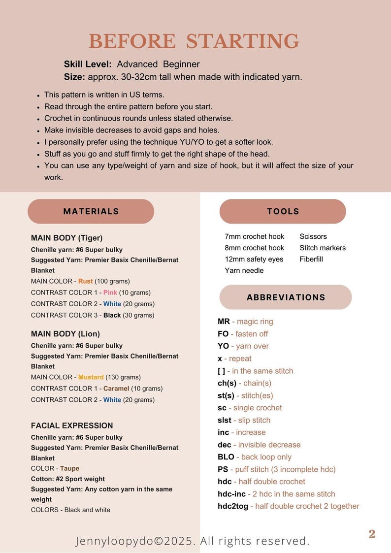 May include: A digital crochet pattern page titled BEFORE STARTING, listing materials for a tiger and lion, including chenille yarn, 7mm and 8mm hooks, and 12mm safety eyes. It details abbreviations like MR, FO, and sc, with a size of 30-32cm.