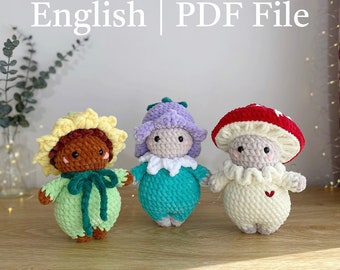 Paquete de muñecos de ganchillo con setas y girasoles de crochet de costura baja: Los Minions del jardín /Patrón PDF Amigurumi/Inglés