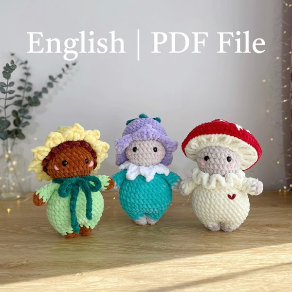 Low-sew Crochet Bluebell  Sunflower Mushroom Crochet Doll  bundle: The Garden Minions  |Amigurumi PDF pattern|English