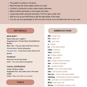 May include: A crochet pattern guide for an advanced beginner project. The guide details materials, abbreviations, and tools. The finished size is approximately 17.78 cm tall. The pattern is written in US terms, with a list of abbreviations.