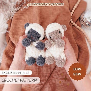 May include: Two small crochet sheep toys, one with dark grey and white yarn and the other with light brown and white yarn. The image includes text reading @JENNYLOOPYDO CROCHET, ENGLISH|PDF FILE, CROCHET PATTERN, and LOW SEW.
