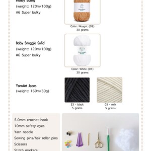 May include: Materials and tools for a crochet project, including yarn in various colors, a crochet hook, safety eyes, a yarn needle, sewing pins, scissors, stitch markers, and fiberfill.