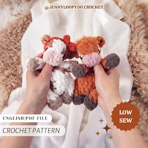 May include: Two plush crochet toys, one white and brown spotted cow and one solid brown highland cow, featuring soft yarn textures. The image includes text reading @JENNYLOOPYDO CROCHET, ENGLISH|PDF FILE, CROCHET PATTERN, and LOW SEW with star icons.