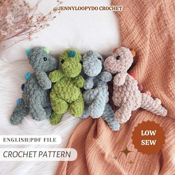 Schema all'uncinetto per dinosauri, modello Snuggler Lovey senza cuciture, modello PDF in inglese