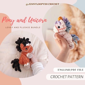 May include: A crochet pattern bundle titled Pony and Unicorn Lovey and Plushie Bundle by @JENNYLOOPYDO CROCHET. The image displays two plush toys: a brown pony with a black mane and a light pink unicorn with a multicolored mane.