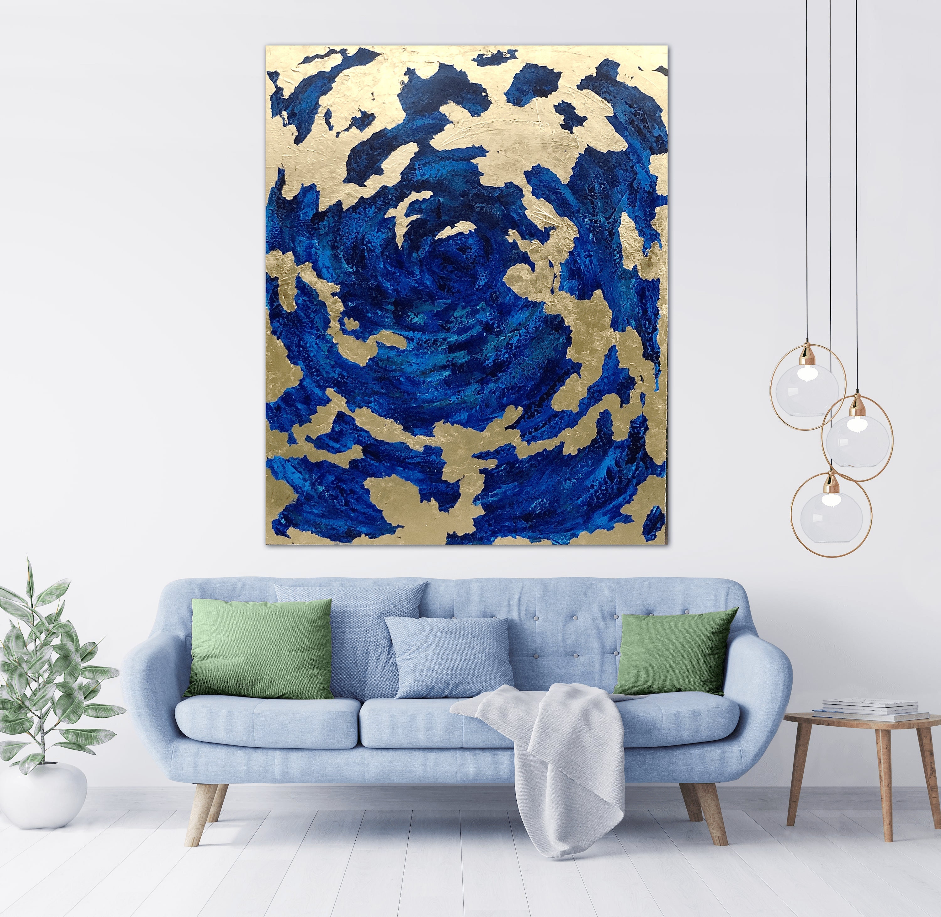 Gold Leaf Painting XL Abstract Wall Art Navy Blue & Gold Leaf Painting