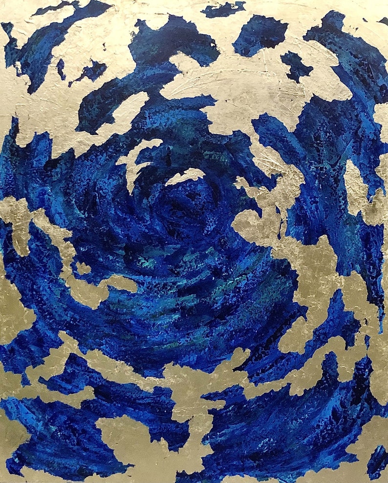 Gold Leaf Painting XL Abstract Wall Art Navy Blue & Gold Etsy
