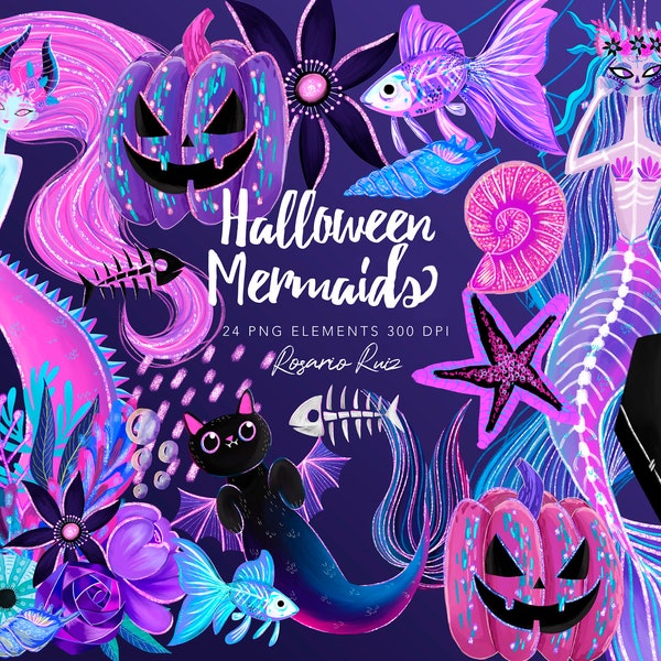 Halloween Mermaid clipart, Creepy Mermaid, Dolls Planner Stickers, Mermaids Witches, Catrina mermaid, Mermaid devil,  mermaid cat, skeleton