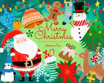 Christmas Clipart - Santa, Rudolf,  Snowman, Presents, Poinsettia, gingerbread, snowflakes, Instant Download, Christmas transparent images
