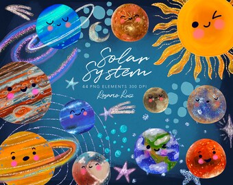 Space Watercolor Planets Clipart - Solar System Download - Instant Download - Watercolor Planets Graphics - Mars - Earth - Jupiter - Saturn